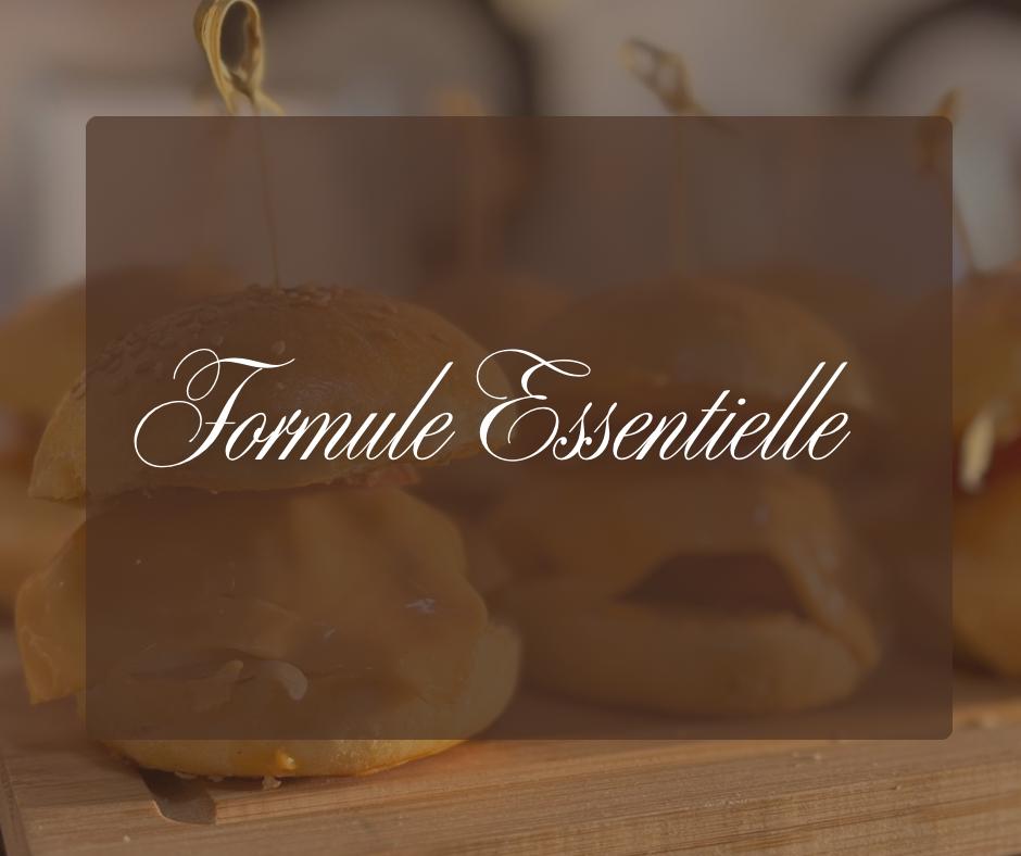 Pack Essentielle buffet presentation featuring four savory pieces, two sweet pieces, and homemade ginger hibiscus juice in an elegant arrangement on a neutral background, representing the essential made-in-house and gourmet formula from C'DOUX